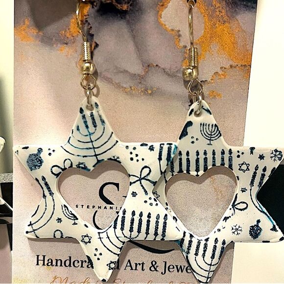 NEW Chanukah Print Star of David Polymer Clay & Resin Dangle Earrings - Picture 1 of 1